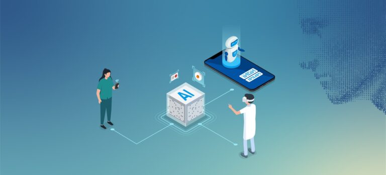 Illustratie van een zorgmedewerker en een arts rond een AI-kubus en een smartphone met chatbot